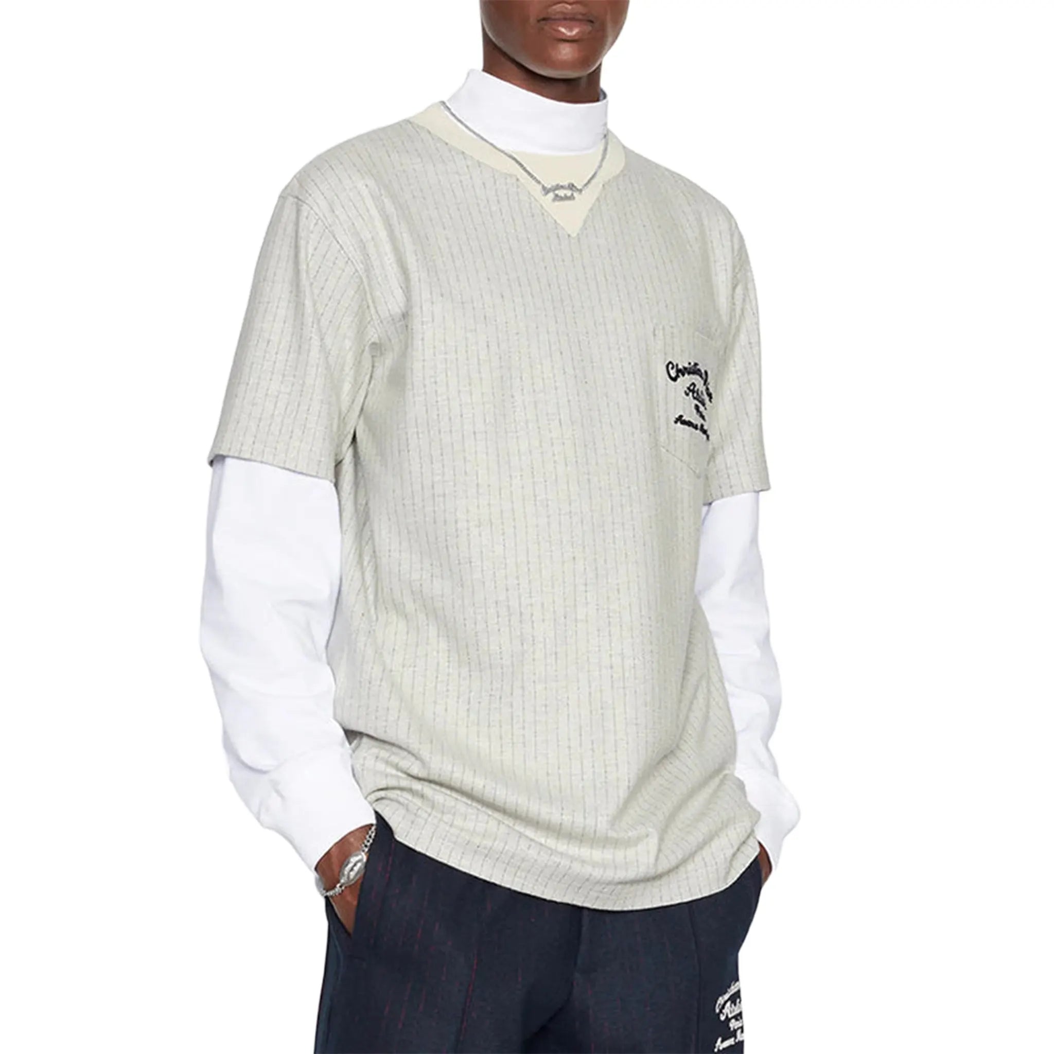 Front View of Dior Atelier Striped Chest Logo Grey T Shirt 213J637A0739_C075